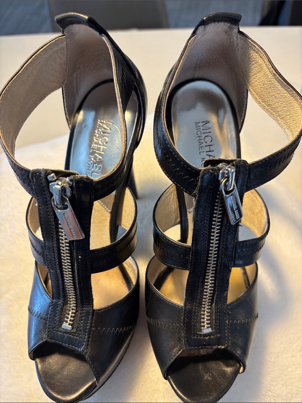 MICHAEL Michael Kors Black Leather Zip-Front Strappy Heels